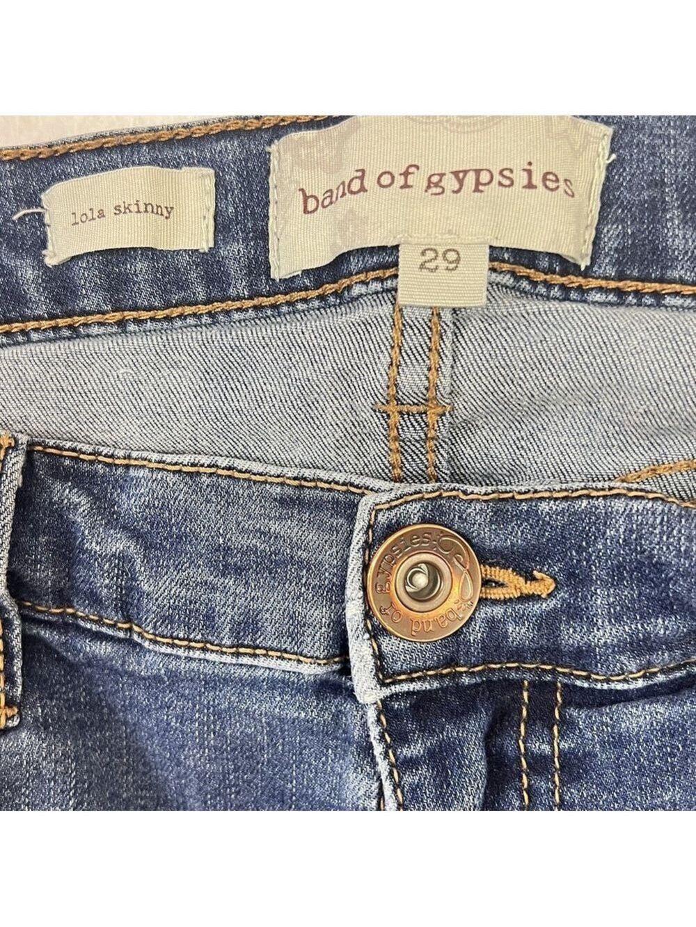Band of Gypsies Lola Skinny Ankle Jeans Womens 29 Blue Denim Raw Hem Embroidered - Picture 8 of 11